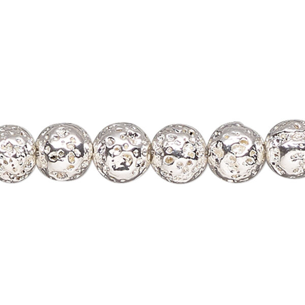 Bead, silver-finished lava rock (coated), 7-8mm round. Sold per 15-1/2" to 16" strand. image number 0