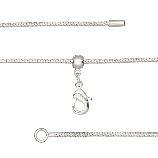 Chain, silicone and silver-plated brass, 1.2mm snake, adjustable from 16 to 23-1/2 inches with lobster claw clasp and adjustable slider bead. Sold individually. image number 0