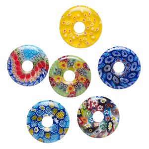 Component, millefiori glass, translucent multicolored, 18-22mm undrilled donut with flower design. Sold per pkg of 6.