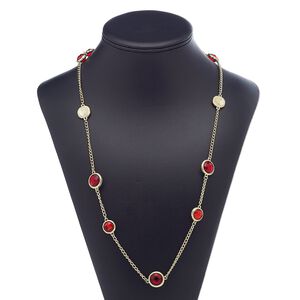 Necklace, acrylic / gold-finished brass / steel / "pewter" (zinc-based alloy), light red and dark red, flat round, 39 inches with 3-inch extender chain and lobster claw clasp. Sold individually.