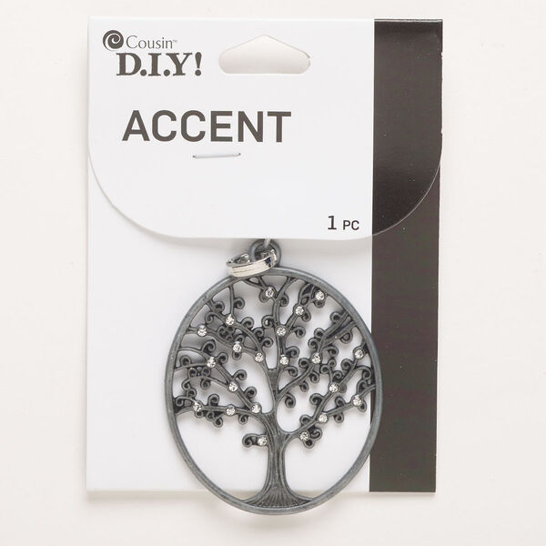 Focal, "pewter" (zinc-based alloy) and glass, pkg/1, gunmetal finish / grey / clear, 49x43mm oval with cutout tree with snap lock. image number 0