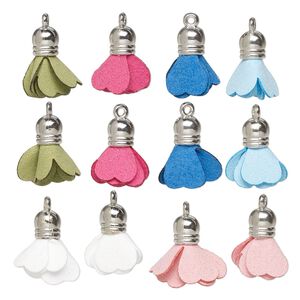 Drop, silver-finished steel and polyester, mixed colors, 18x12mm flower tassel. Sold per pkg of 12.