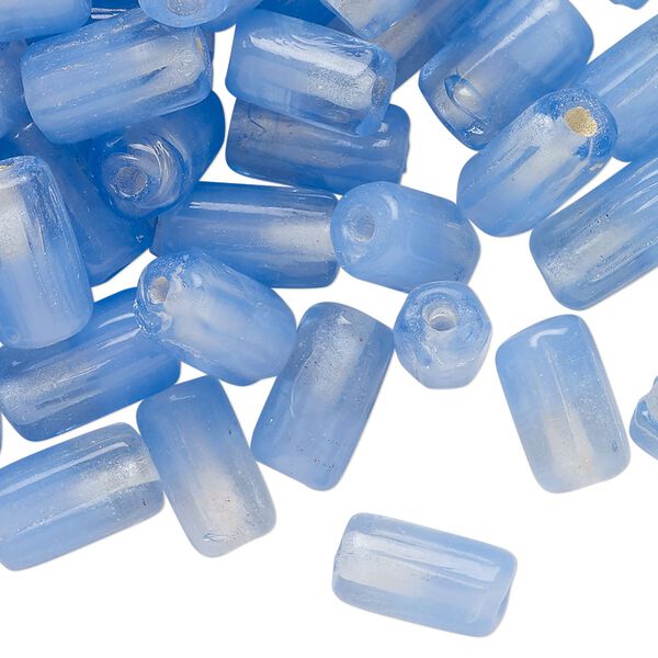 Bead, lampworked glass, translucent 2-tone light blue and clear, 12x6mm-13x7mm hexagon tube. Sold per 2-ounce pkg, approximately 70 beads. image number 0