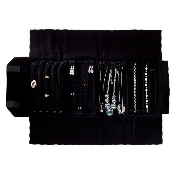 Jewelry roll, velveteen, black, 25-3/4 x 10 inches with Velcro closure, 10x5x2 inches rolled. Sold individually. image number 0