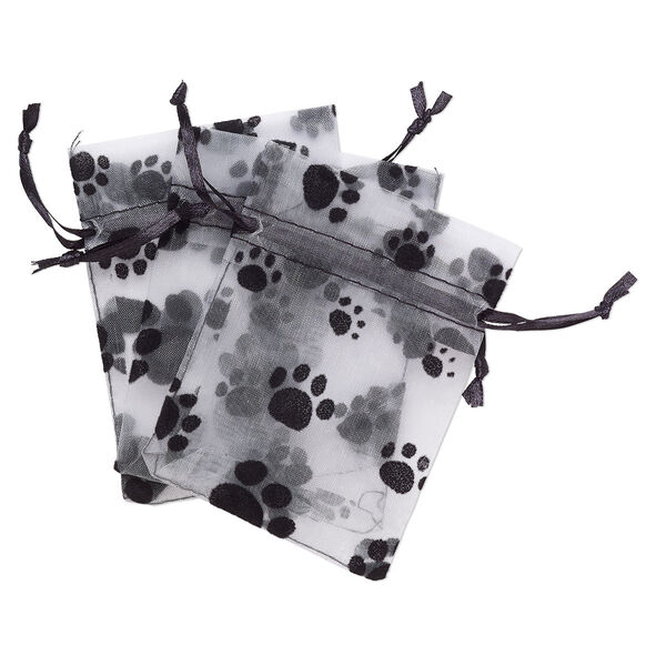 Pouch, satin and flocked organza, grey and black, 4x3-inch rectangle with paw prints design and drawstring. Sold per pkg of 12. image number 0
