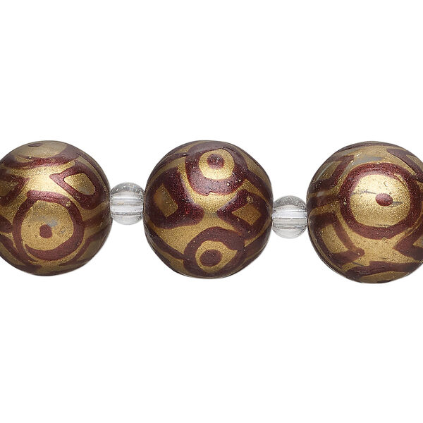 Bead, glass 1pkg8, gold and brown, 14mm hand-painted round. image number 0