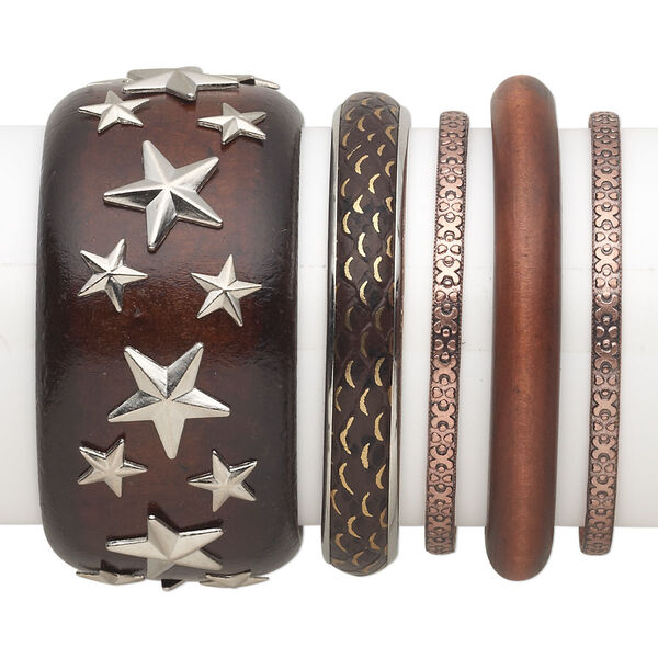 Bracelet mix, bangle, wood (dyed) / copper- / silver- / antiqued gold-finished steel, brown, 4.5-40mm wide with mixed design, 7-1/2 to 8 inches. Sold per 5-piece set. image number 0