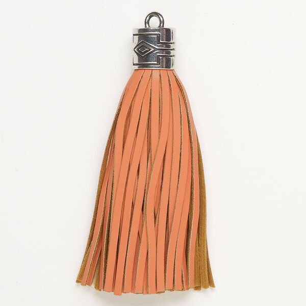 Tassel, "pewter" (zinc-based alloy) and faux leather, pkg/1, silver finish/salmon/brown, 4 inches. image number 0