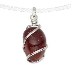 Pendant, red agate (dyed / heated) and silver-plated copper, medium to large hand-cut wire-wrapped tumbled nugget. Sold individually.