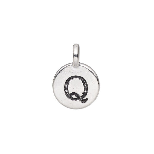 Drop, TierraCast®, antique silver-plated pewter (tin-based alloy), 11.5mm single-sided round with textured alphabet letter "Q." Sold per pkg of 2. image number 0