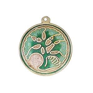 Drop, enamel and gold-finished brass, light green / dark green / pink, 25-26mm single-sided flat round with ginkgo design. Sold per pkg of 2.