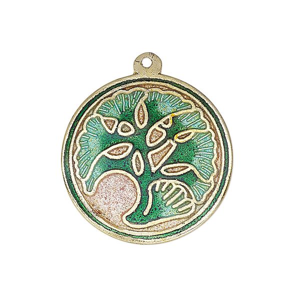 Drop, enamel and gold-finished brass, light green / dark green / pink, 25-26mm single-sided flat round with ginkgo design. Sold per pkg of 2. image number 0