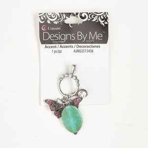 Pendant, silver-finished steel / glass / acrylic, pink / clear / green, 2-3/4 inches with hinged bail. Sold individually.