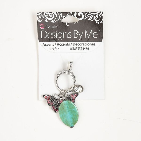 Pendant, silver-finished steel / glass / acrylic, pink / clear / green, 2-3/4 inches with hinged bail. Sold individually. image number 0