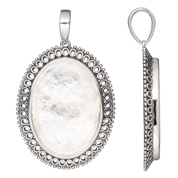 Pendant, antiqued sterling silver, 33x26mm oval with fancy rim and 25x18mm oval bezel setting. Sold individually. image number 0