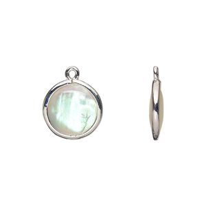Drop, mother-of-pearl shell and imitation rhodium-finished brass (assembled), 12.5mm-13.5mm double-sided round. Sold per pkg of 4.