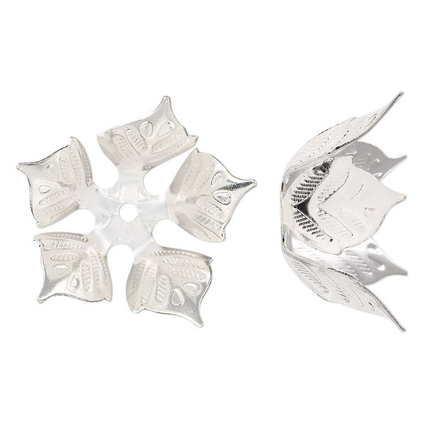 Bead cap, silver-finished copper, 24x11mm leaves, fits 14-16mm round bead. Sold per pkg of 4. image number 0