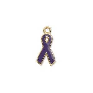 Charm, epoxy and gold-plated aluminum, purple, 15x9mm single-sided awareness ribbon. Sold per pkg of 6.