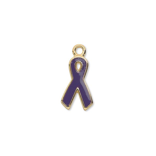 Charm, epoxy and gold-plated aluminum, purple, 15x9mm single-sided awareness ribbon. Sold per pkg of 6. image number 0