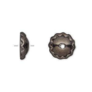 Bead cap, gunmetal-plated pewter (tin-based alloy), 13x4.5mm fluted round, fits 12-14mm bead. Sold per pkg of 2.