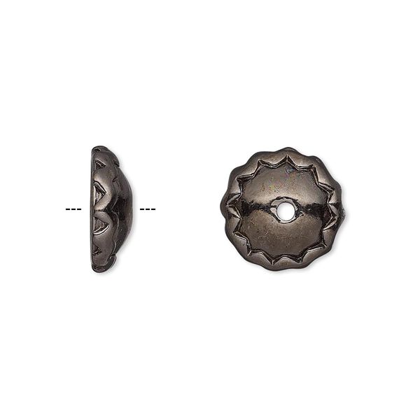 Bead cap, gunmetal-plated pewter (tin-based alloy), 13x4.5mm fluted round, fits 12-14mm bead. Sold per pkg of 2. image number 0