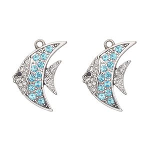 Charm, antique silver-finished "pewter" (zinc-based alloy) and glass, aqua blue and clear, 26x19mm single-sided angelfish. Sold per pkg of 2.