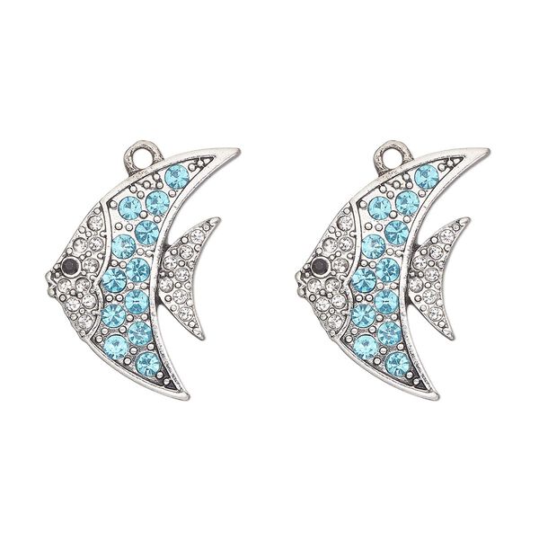 Charm, antique silver-finished "pewter" (zinc-based alloy) and glass, aqua blue and clear, 26x19mm single-sided angelfish. Sold per pkg of 2. image number 0