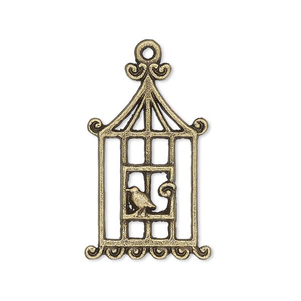 Charm, antiqued brass-finished "pewter" (zinc-based alloy), 29x19mm single-sided birdcage with bird. Sold per pkg of 4. image number 0