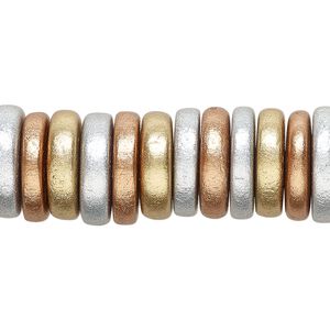 Bead, Taiwanese cheesewood (coated), metallic gold / metallic silver / metallic copper, 15x3mm-15x4mm  rondelle. Sold per 8-inch strand, approximately 55 beads.