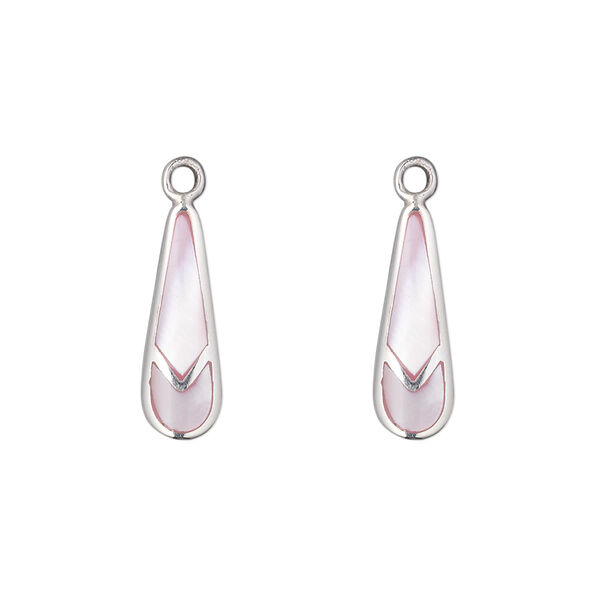Drop, mother-of-pearl shell (dyed) and sterling silver, pink, 17x6mm single-sided teardrop. Sold per pkg of 2. image number 0