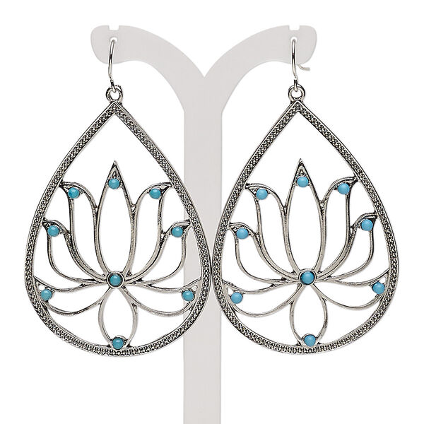Earring, acrylic with antique silver-plated steel and "pewter" (zinc based alloy), turquoise blue, 2-3/4 inches with teardrop and cutout lotus design with fishhook ear wire. Sold per pair. image number 0