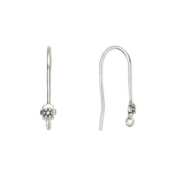 Ear wire, antiqued sterling silver, 21mm fishhook with flower and open loop, 20 gauge. Sold per pair. image number 0
