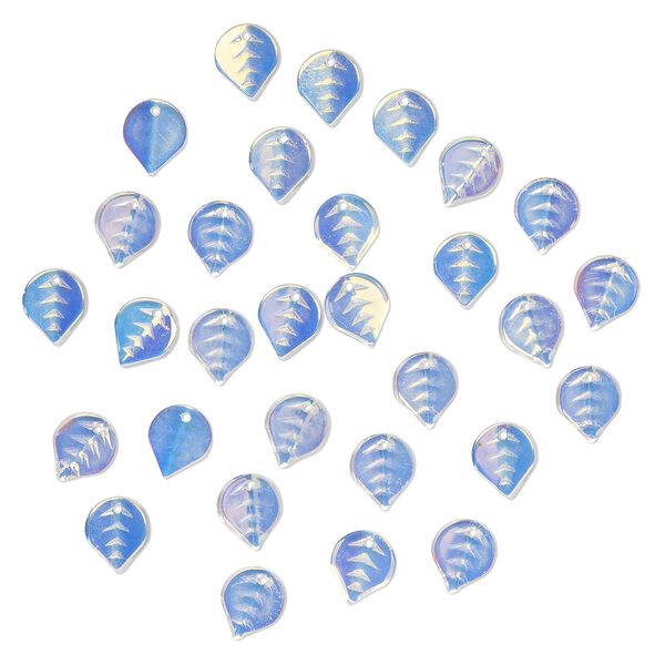 Drop, pressed glass, translucent clear AB, 12 x 10mm pressed leaf, top-drilled. Sold per pkg of 30. image number 0
