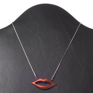 Necklace, enamel and imitation rhodium-finished "pewter" (zinc-based alloy), red, 43x20mm lips, 16 inches with 3-inch extender chain and lobster claw clasp. Sold individually.