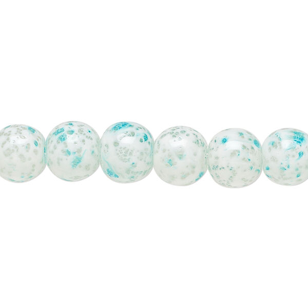 Bead, glass, opaque aqua blue and white, 7-8mm round with random spotted pattern. Sold per 15-1/2" to 16" strand. image number 0