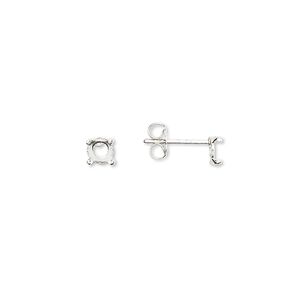 Earstud 1pkg4 Cab-Tite™ sterling silver, 4mm round 4-prong setting / earnuts, 2 pair