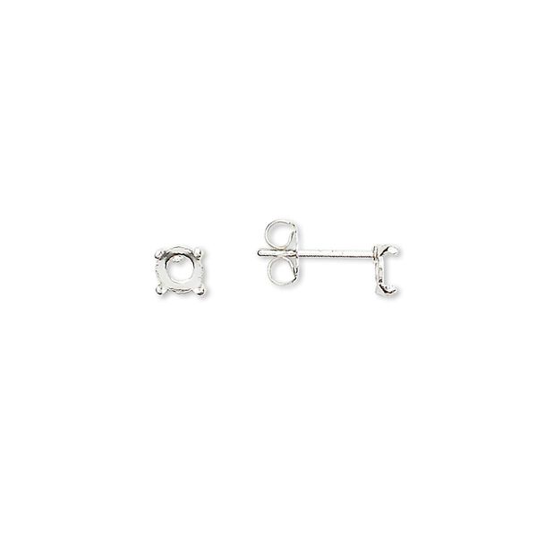 Earstud 1pkg4 Cab-Tite™ sterling silver, 4mm round 4-prong setting / earnuts, 2 pair image number 0