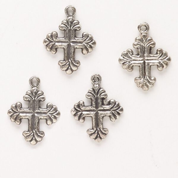 Drop, antique silver-finished "pewter" (zinc-based alloy), 17x16mm double-sided cross. Sold per pkg of 4. image number 0