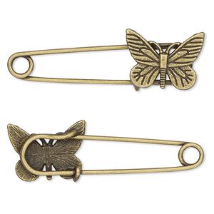 Brooch pin, antique brass-plated "pewter" (zinc-based alloy), 2-1/4 x 3/4 inches with 22x16mm single-sided butterfly. Sold per pkg of 2.