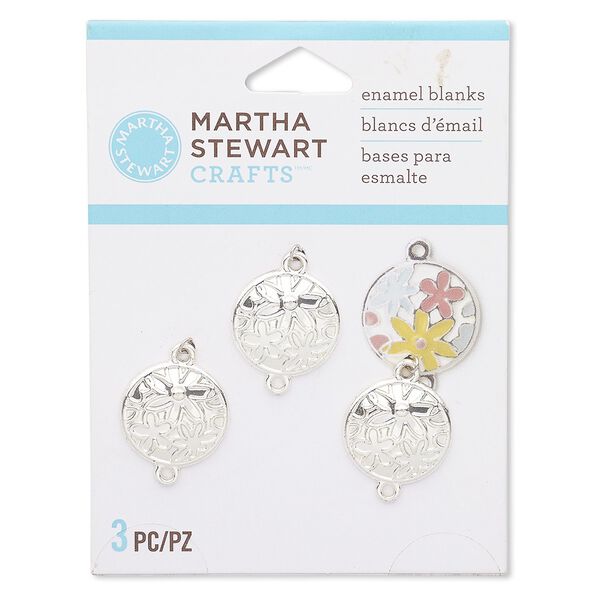 Link, silver-finished "pewter" (zinc-based alloy), 16mm flat round enamel blank with flower design. Sold per pkg of 3. image number 0