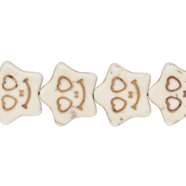 Bead, "howlite" (resin) (imitation), white, 16x15mm carved flat star. Sold per 15-inch strand. image number 0