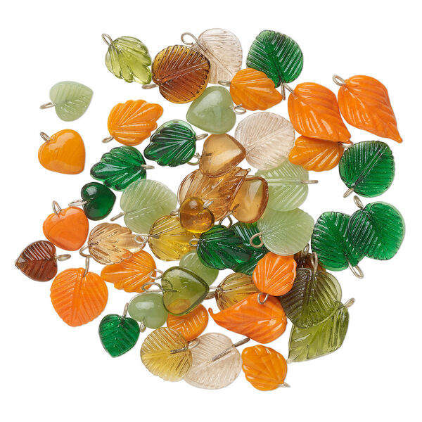 Drop mix, glass and brass, opaque to transparent green / orange / brown, 11mm-22x15mm double-sided leaf and heart. Sold per 50-gram pkg, approximately 50-55 drops. image number 1