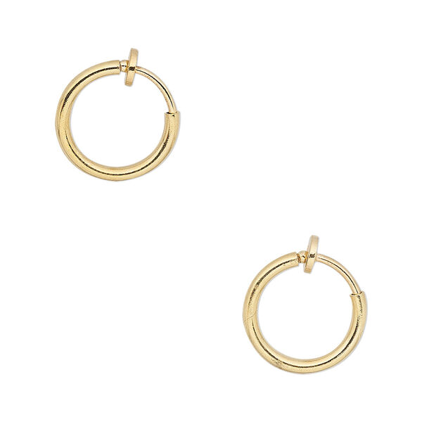 Earring, gold-plated brass, 13mm round hoop with pierced-look spring closure. Sold per pair. image number 0