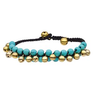 Magnesite / brass / waxed cotton cord 1pkg1, brass-plated bells / bracelet / adjustable 6.5-7.5 inch / button clasp / 13mm wide