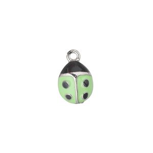 Charm, antiqued pewter (tin-based alloy) with enamel, green, 12x10mm single-sided ladybug. Sold individually.