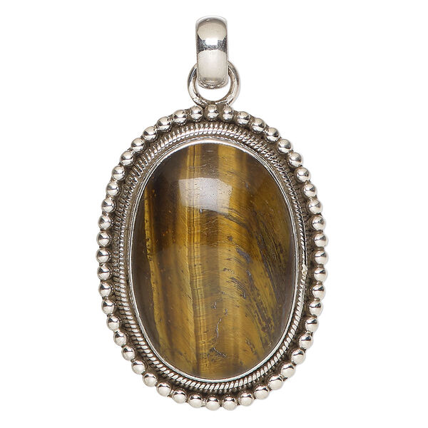 Pendant, tigereye (natural) and antiqued sterling silver, 37x29mm-42x32mm beaded oval. Sold individually. image number 0