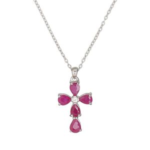 Necklace, Create Compliments®, ruby (natural) / cubic zirconia / sterling silver, clear, 15x10mm cross, 18 inches with springring clasp. Sold individually.