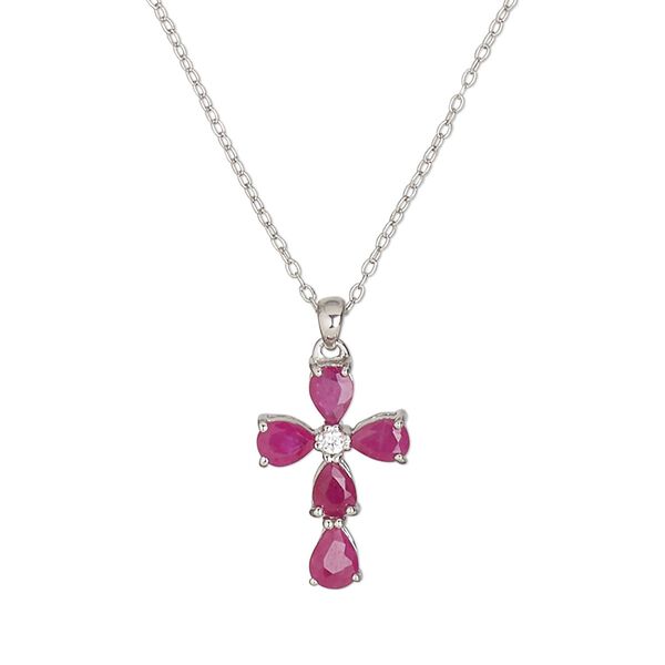 Necklace, Create Compliments®, ruby (natural) / cubic zirconia / sterling silver, clear, 15x10mm cross, 18 inches with springring clasp. Sold individually. image number 0