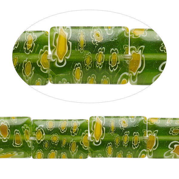 Bead, millefiori glass, translucent multicolored, 14x10mm flat rectangle. Sold per 15-inch strand. image number 0