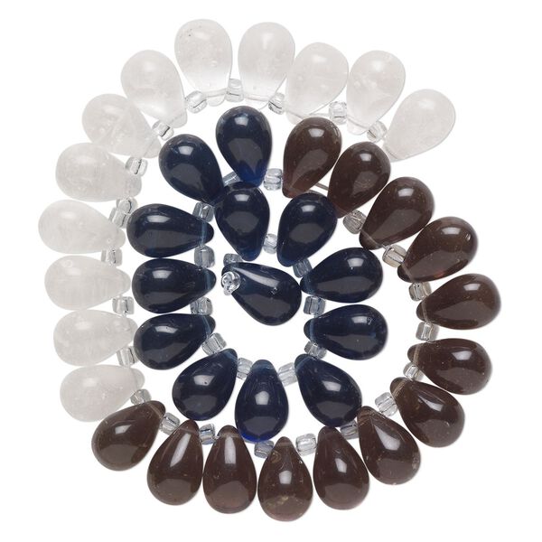 Bead, glass, transparent clear, dark blue and smoke, 16x10mm top-drilled teardrop with irregular rondelles. Sold per 14-inch strand. image number 0